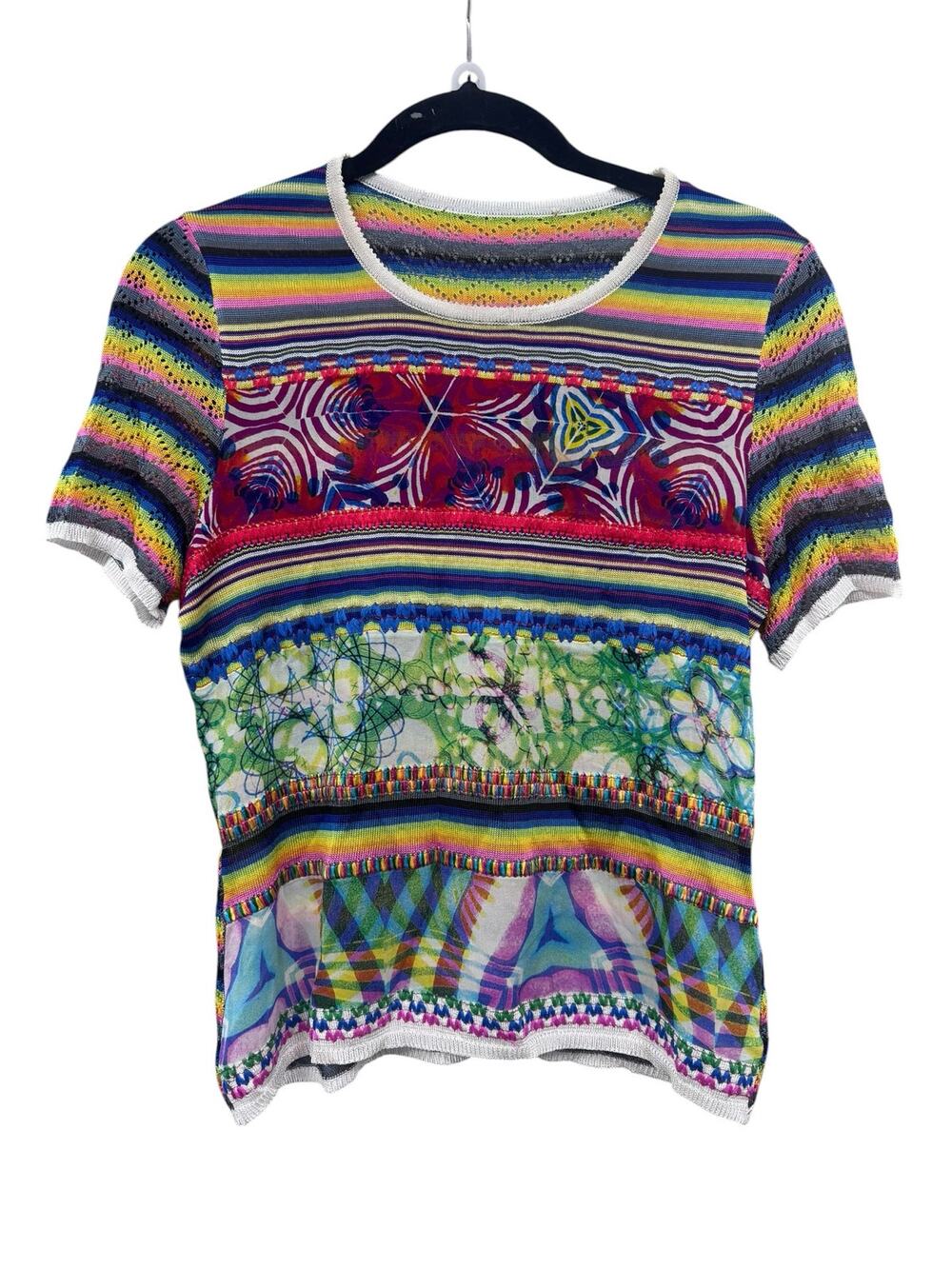 VTG John Galliano Mid-2000s Patchwork Knit T-Shirt Rainbow Crochet Eyelet Mesh M